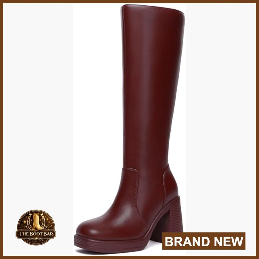 Platform Knee High Boots Chunky Heel Square Toe Women's Fashion Booties
